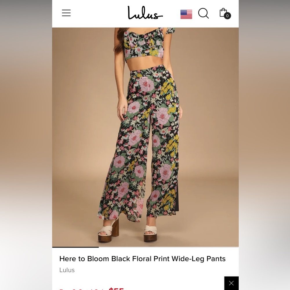 Lulu’s Black Floral Wide Leg Pants, Size L